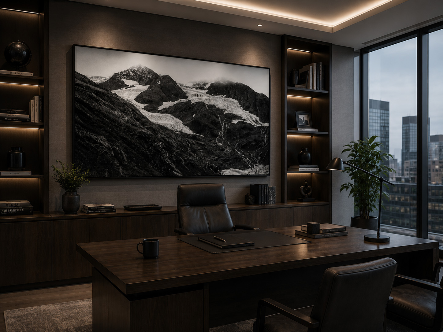Black and white glacier mountain artwork displayed in a financial advisor office by Dan Sproul